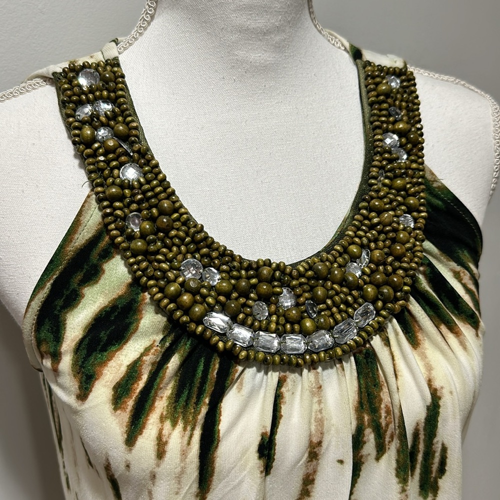 Womens Tie Dye Sleeveless Shift Dress Embellished Neckline Olive Green Size 6 - Picture 2 of 7